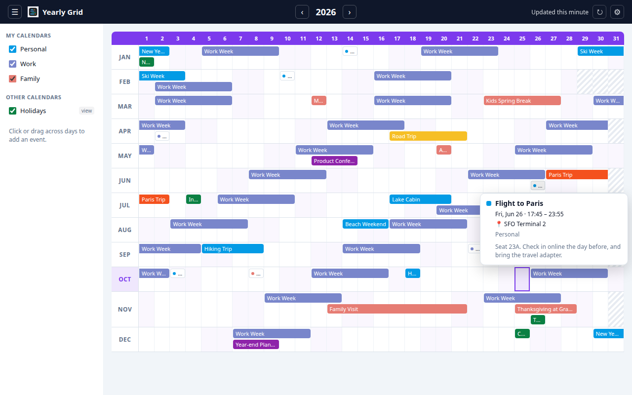 The year grid with a hover card showing an event's details